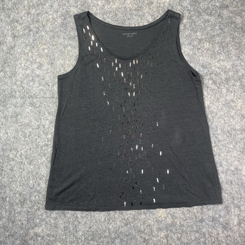 EILEEN FISHER 100% LINEN Womens Petit Small. Charcoal Gray Embellished Tank Top